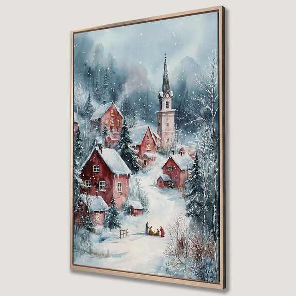Framed Wall Art: Watercolor winter village scene with red houses, snowy landscape, and blue/gray tones. Perfect for cozy home decor.