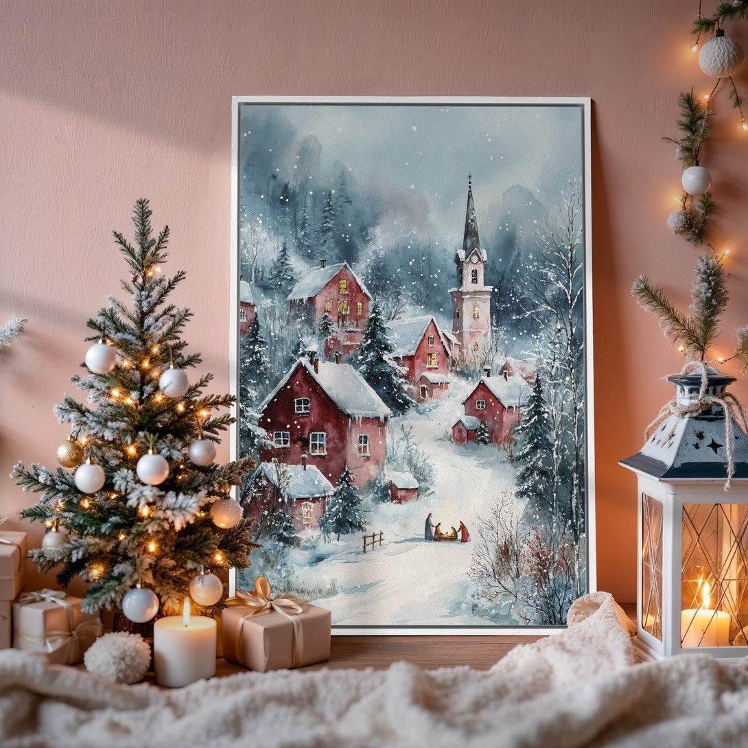 Framed Wall Art: Watercolor winter village scene in blue, red, and white. Perfect Christmas decor for a cozy home. Shop now!