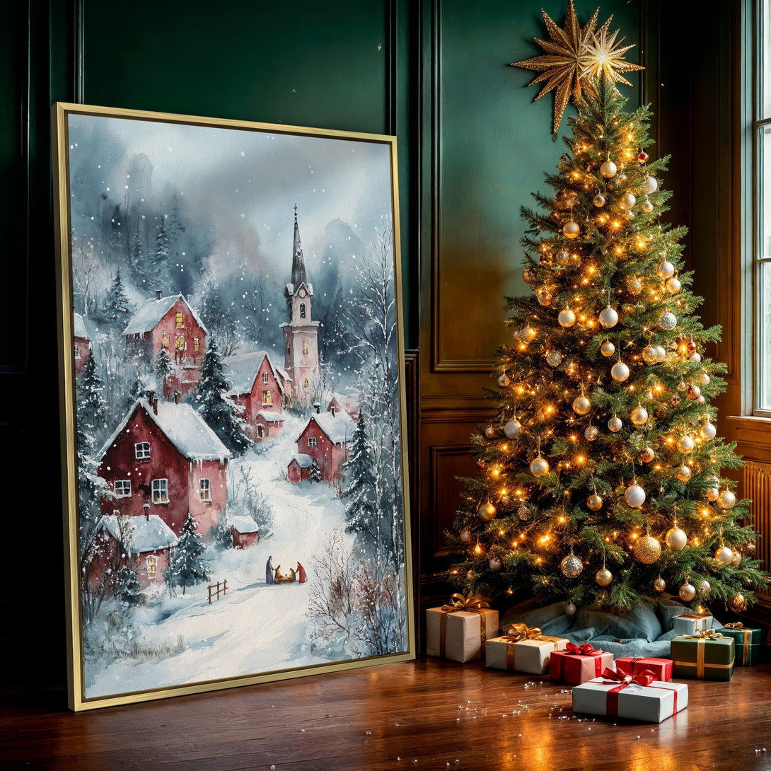 Canvas Print of a winter village scene in watercolor style, featuring red houses, snowy landscape, and a cool, muted color palette. Perfect holiday wall art!