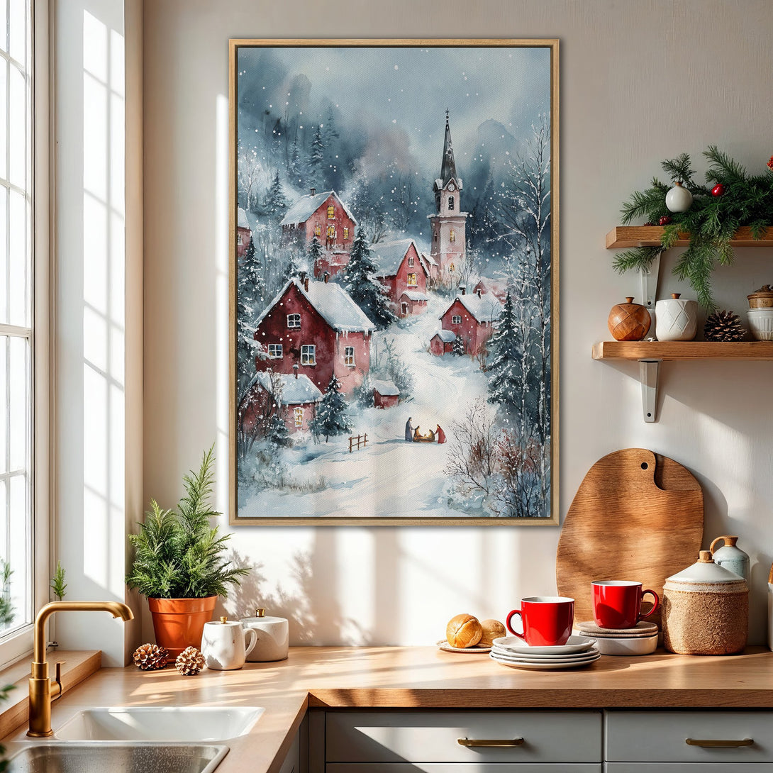 Framed Wall Art: Watercolor winter village scene with red houses, snowy landscape, and cool blue/gray tones. Perfect for holiday decor!