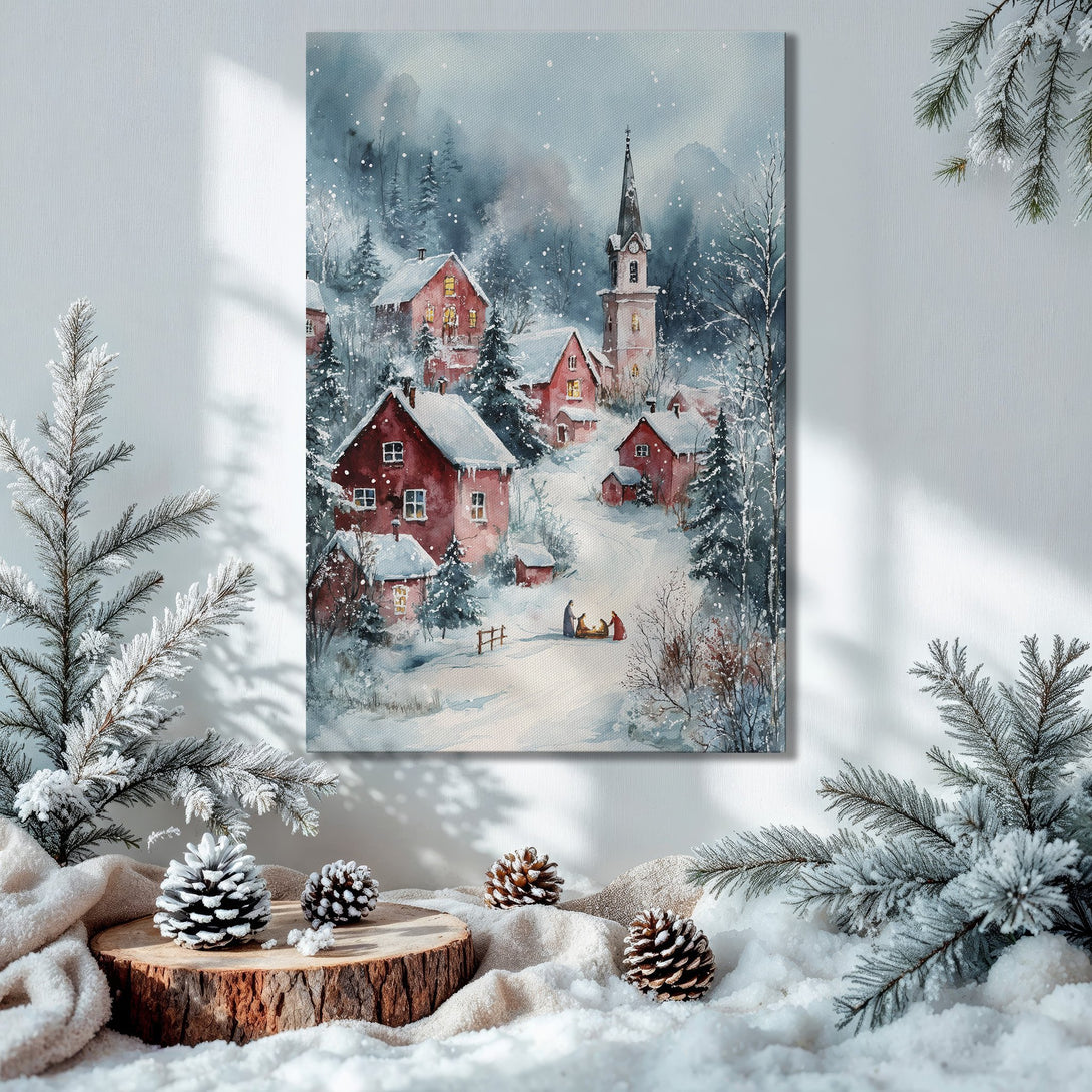 Framed Wall Art: Winter village watercolor painting with red houses, snowy landscape, and blue/red/white color palette. Perfect for holiday decor.