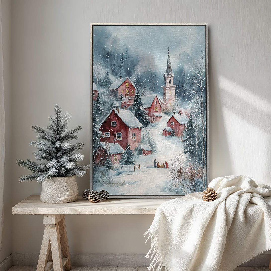 Framed Wall Art: Watercolor winter village scene in red and blue hues. Cozy holiday art for your home. Perfect Christmas gift!