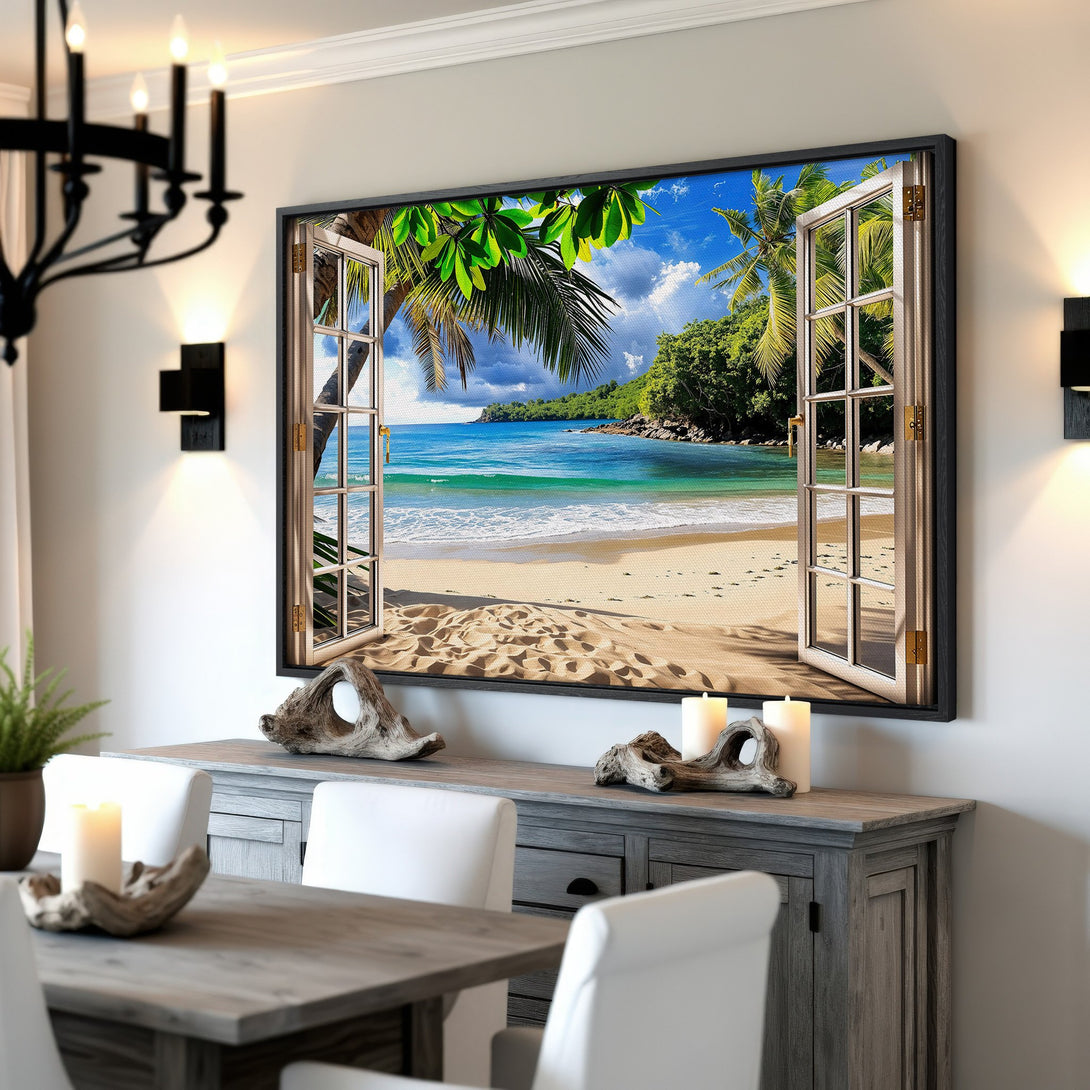 Framed Wall Art: Tropical beach scene canvas print. Coastal decor with blue, green, and sandy tones. Bring paradise home with this stunning artwork!