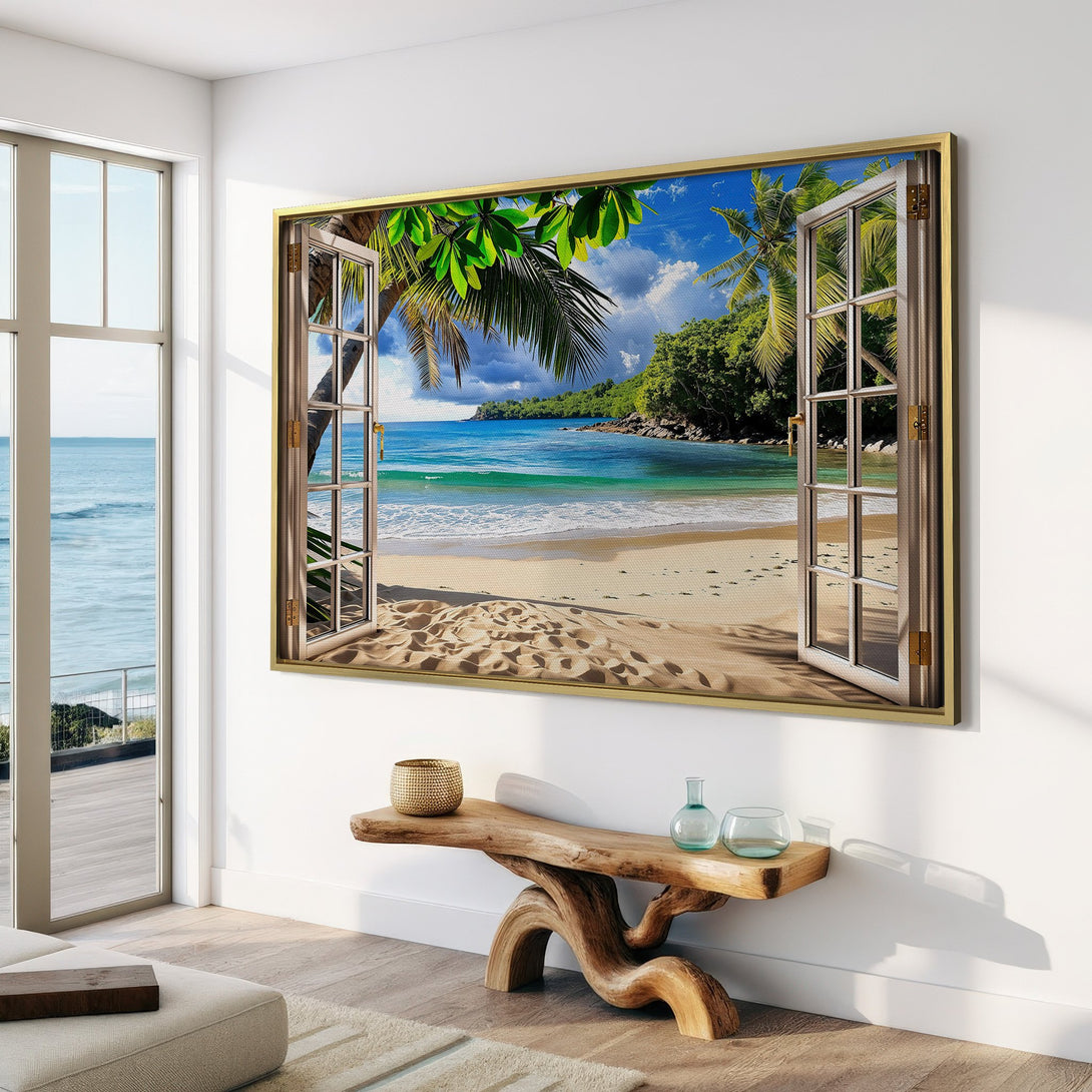 Framed Wall Art: Tropical beach scene in a window style, vibrant blue, green, and sandy tones. Perfect for coastal decor. Bring the beach home!