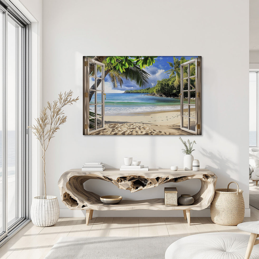 Framed Wall Art: Tropical beach scene canvas print with vibrant blue, green, and sandy tones. Bring the vacation vibes home!
