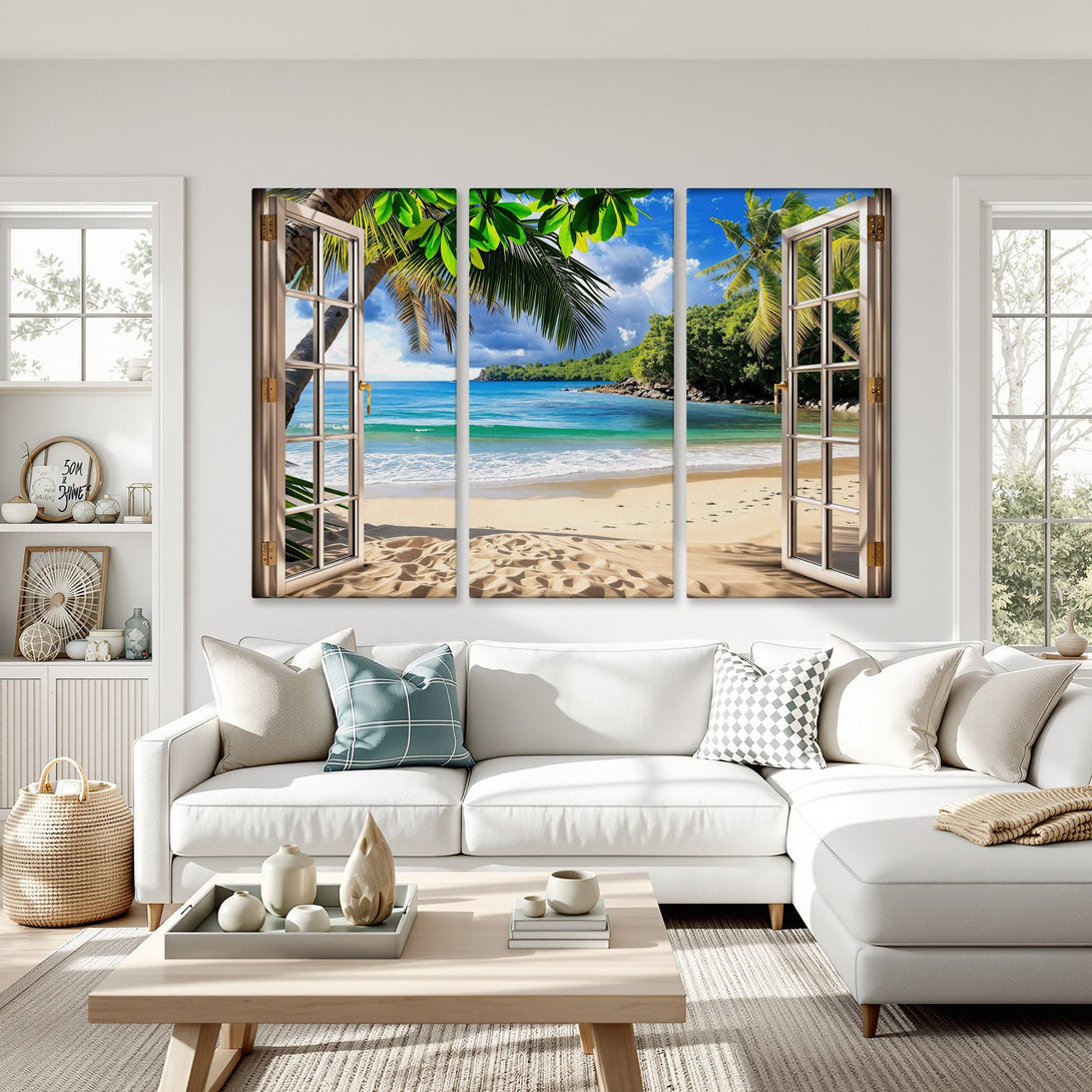Framed Wall Art: Tropical beach scene canvas print in a bright interior. Blue, green, and beige color palette, evoking a serene, coastal vibe.