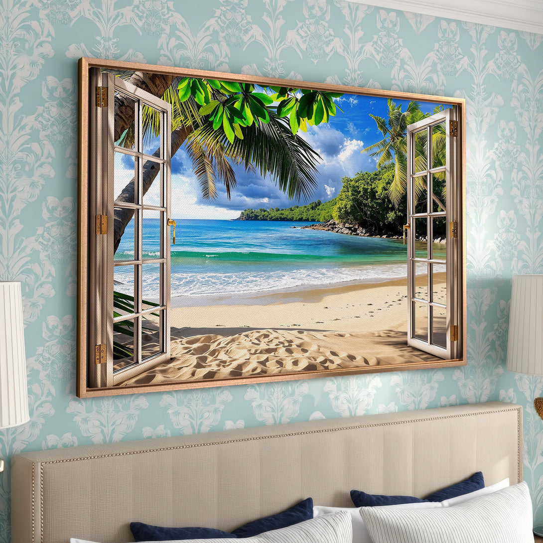 Canvas Print of a tropical beach scene, framed in a window style, featuring turquoise water, sandy beach, and lush green palm trees. A calming, bright color palette.