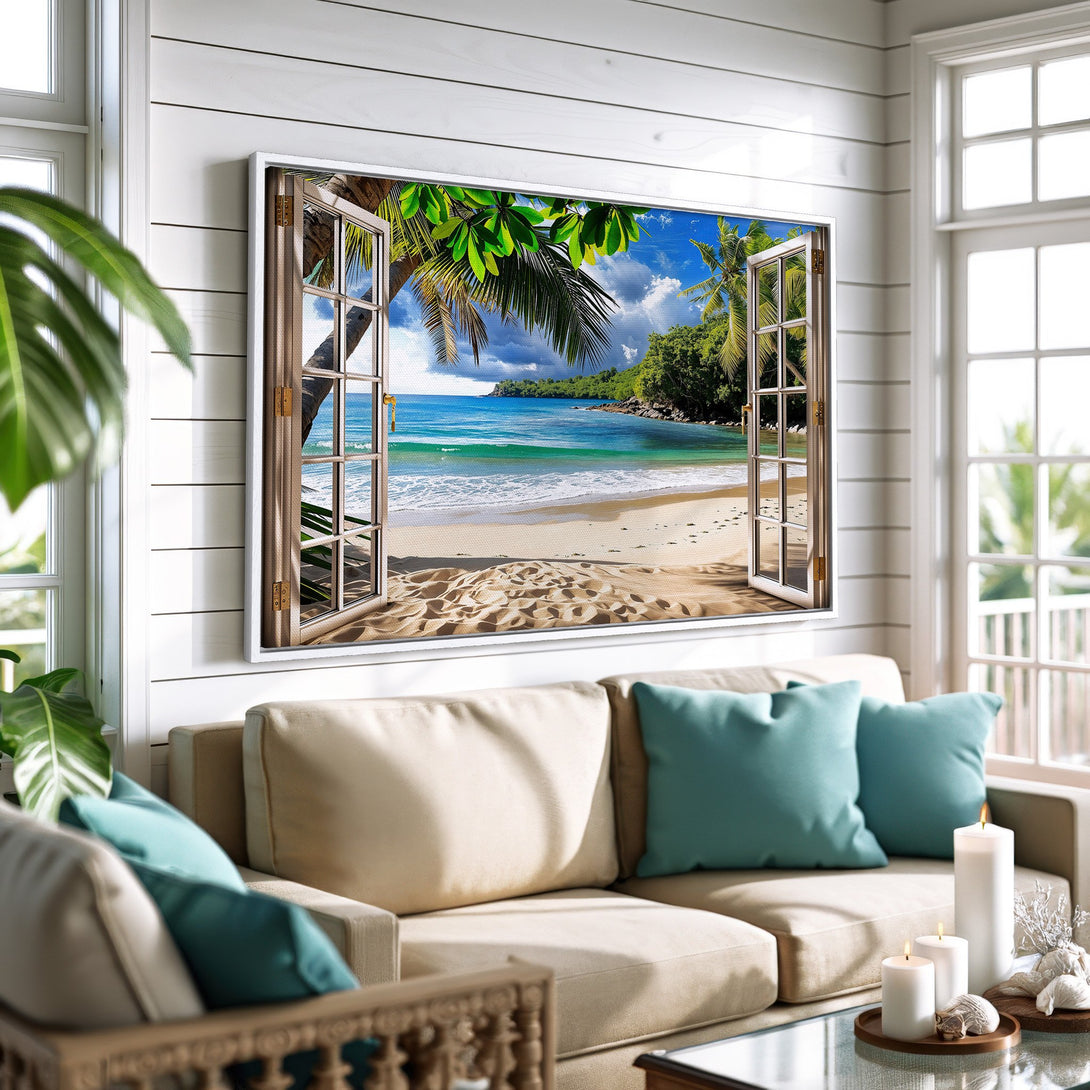 Framed Wall Art featuring a tropical beach scene in a coastal living room. Blue, green, and beige color palette creates a relaxing, vacation vibe.