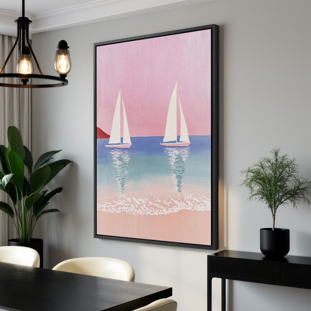 Framed Wall Art featuring sailboats on a pink and blue beach. Coastal art print in a modern, minimalist style. Perfect for adding a touch of serenity.