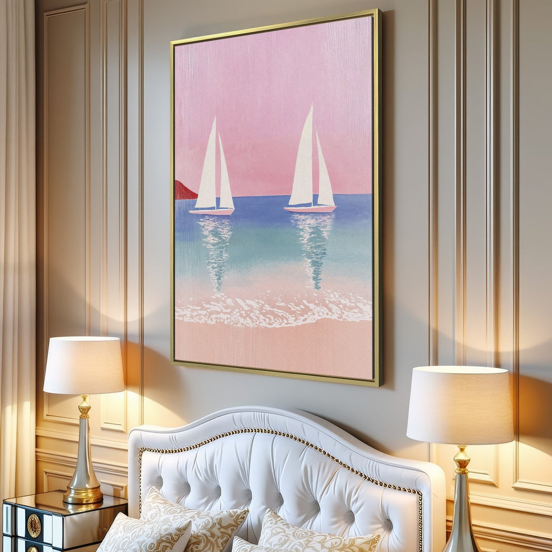Canvas Print of sailboats on the beach. Pastel pink, blue, and white color palette. Coastal art for a calming interior.