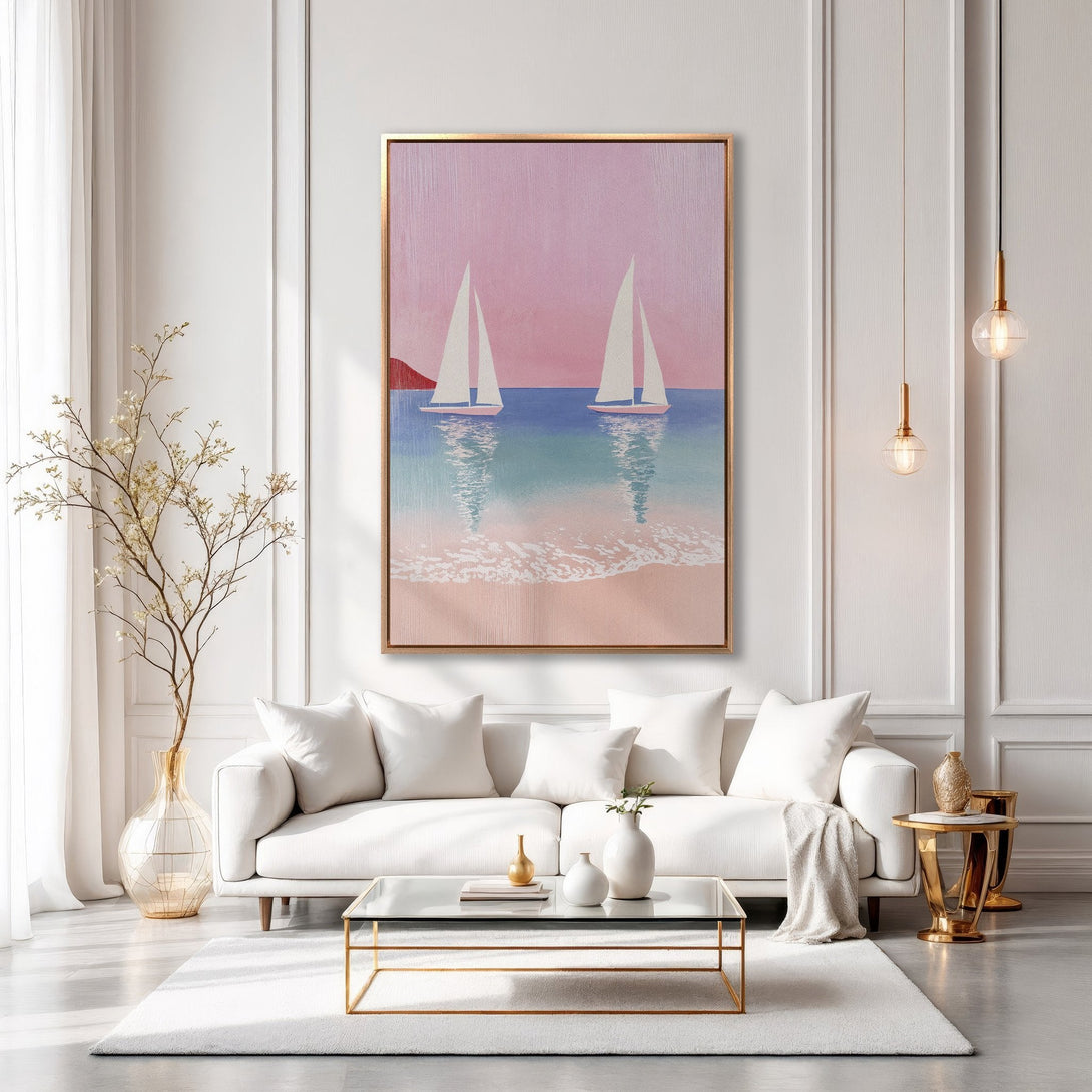 Framed Wall Art: Serene sailboat art in a coastal style, featuring a pink and blue color palette. Perfect for adding a touch of calm to any room.