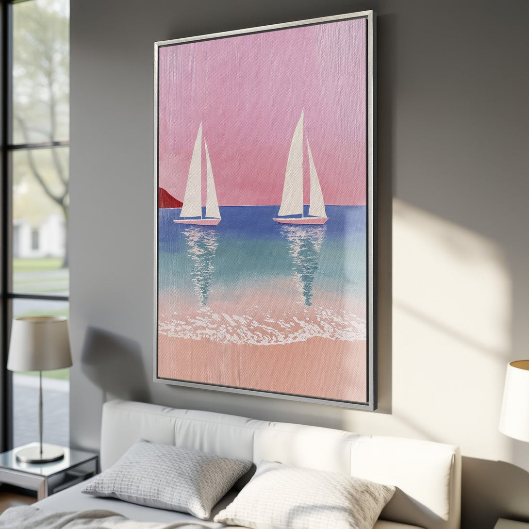 Framed Wall Art: Coastal sailboat scene in a minimalist style with a pink, blue, and beige color palette. Perfect for adding a touch of serenity to any space.