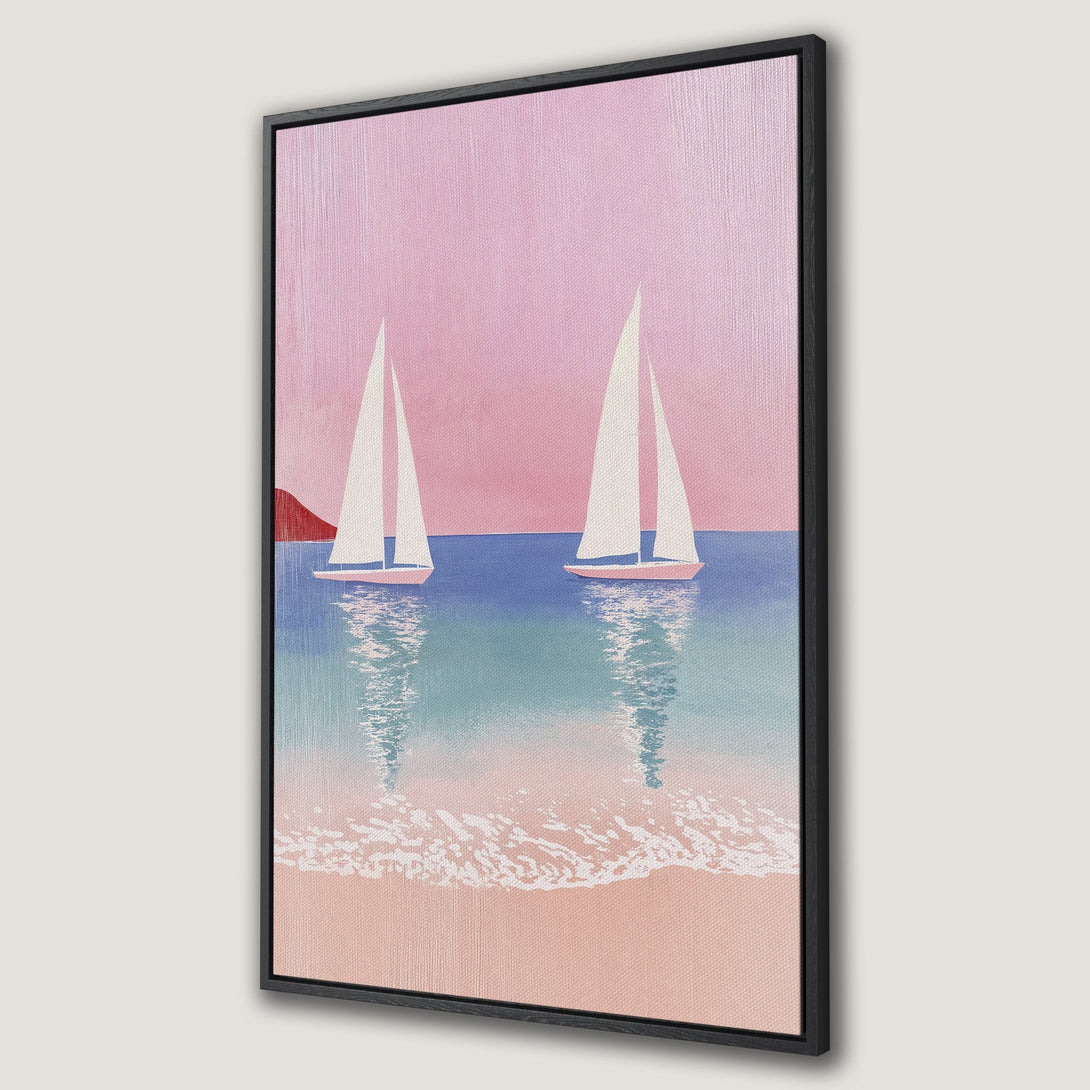 Framed Wall Art: Coastal scene Canvas Print with sailboats, minimalist style, featuring a pastel pink and blue color palette, perfect for home decor.