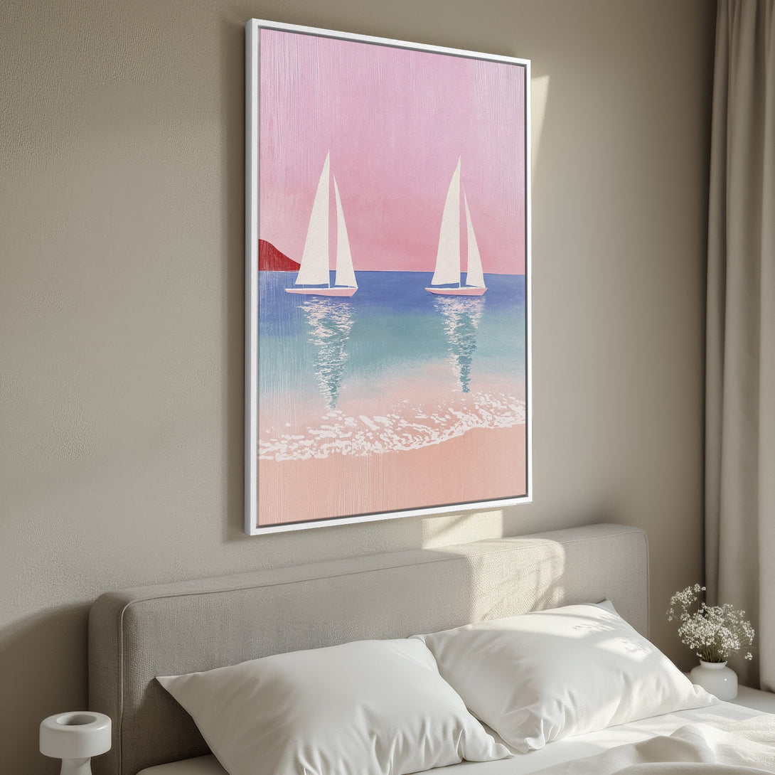 Framed Wall Art featuring sailboats on a pink and blue sea. Coastal art in a minimalist style, perfect for bedroom decor.