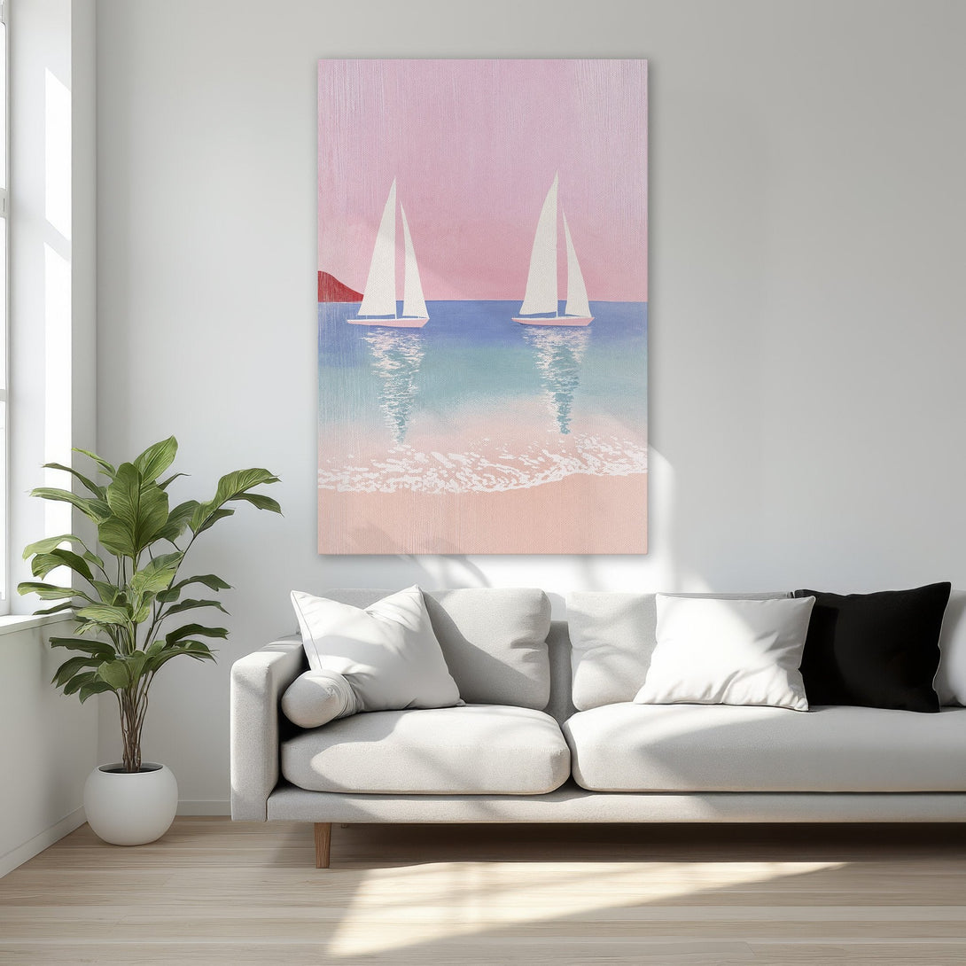 Framed Wall Art: Coastal scene Canvas Print with sailboats, featuring a dreamy pink and blue color palette. Perfect for adding a touch of serenity to any space.