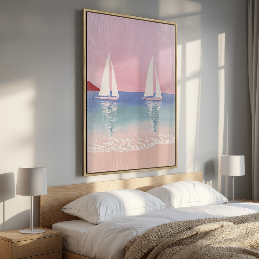 Framed Wall Art: Coastal scene Canvas Print with sailboats. Pastel pink, blue, and white color palette. Perfect for bedroom decor!