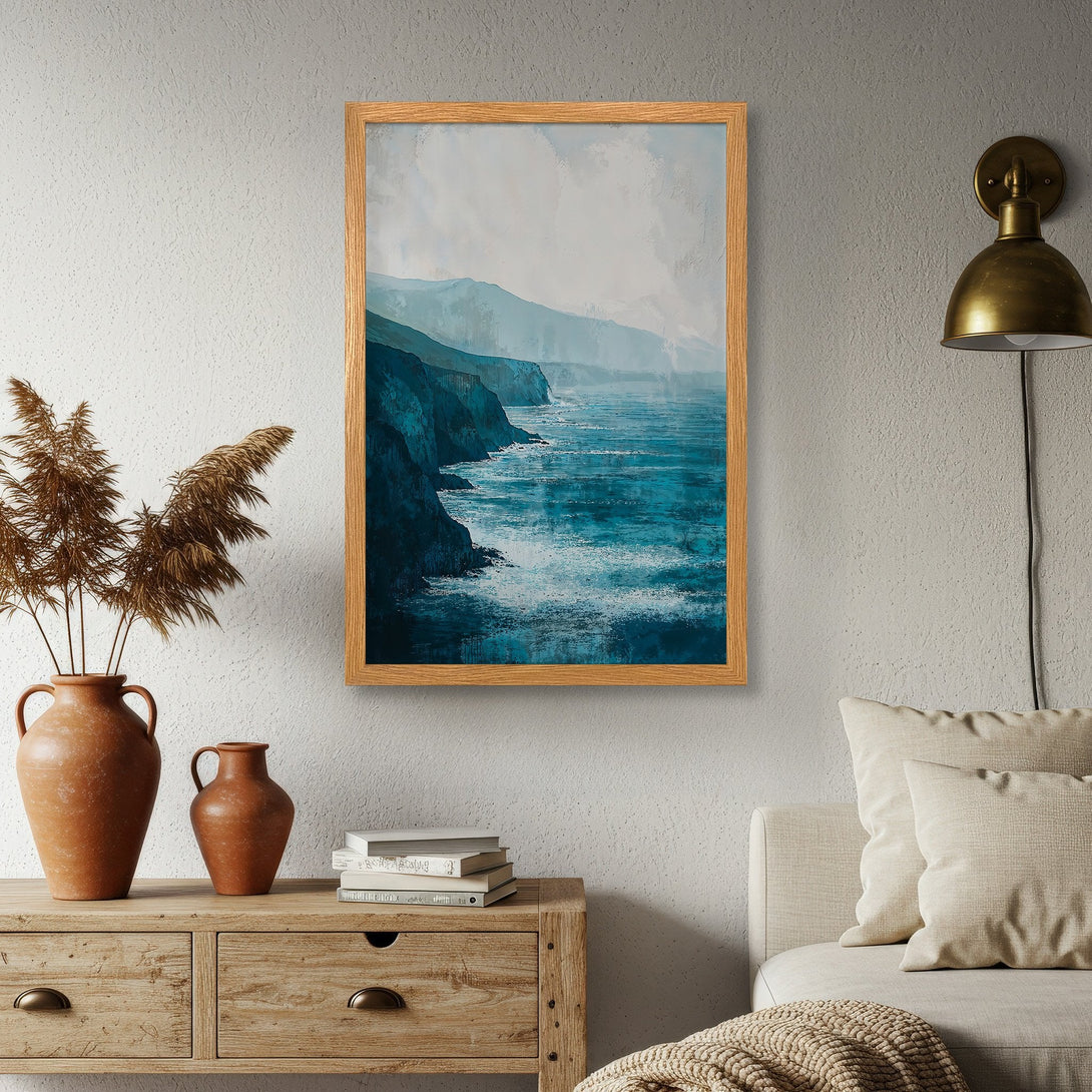 Framed Poster of coastal landscape art in blue and neutral tones, perfect for adding a touch of serenity to your space.