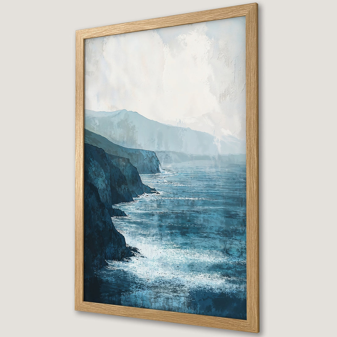 Framed Poster of coastal landscape art in blue and white tones, perfect for adding a touch of serenity to your space.
