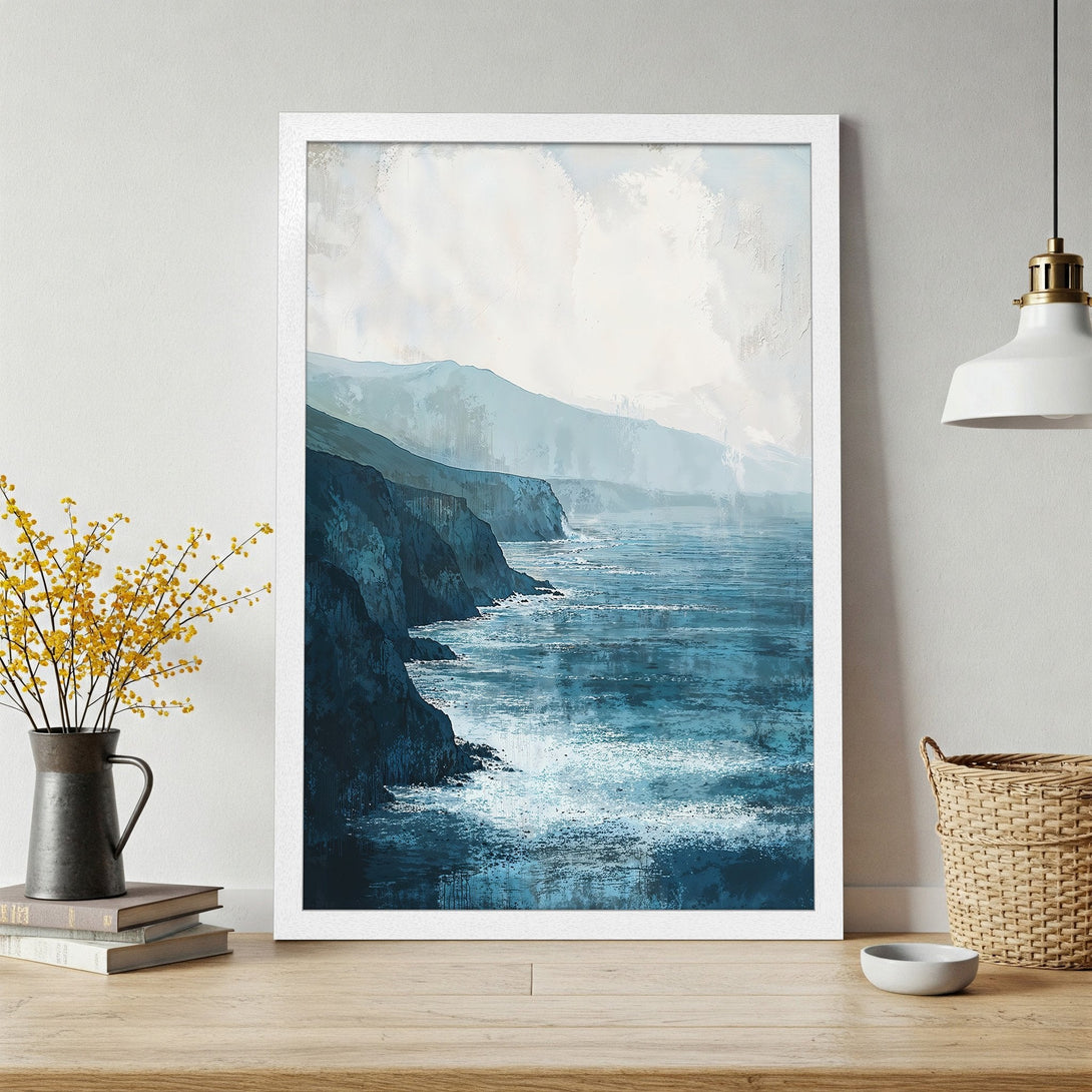 Framed Poster of coastal landscape art in blue tones. Perfect for adding a serene touch to your home decor. Shop now!
