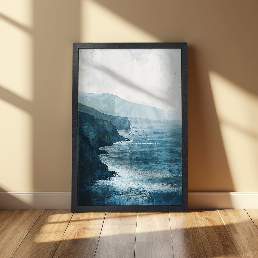 Framed Poster of a coastal landscape in blue and white tones. Modern art print for home decor, perfect for adding a touch of serenity.