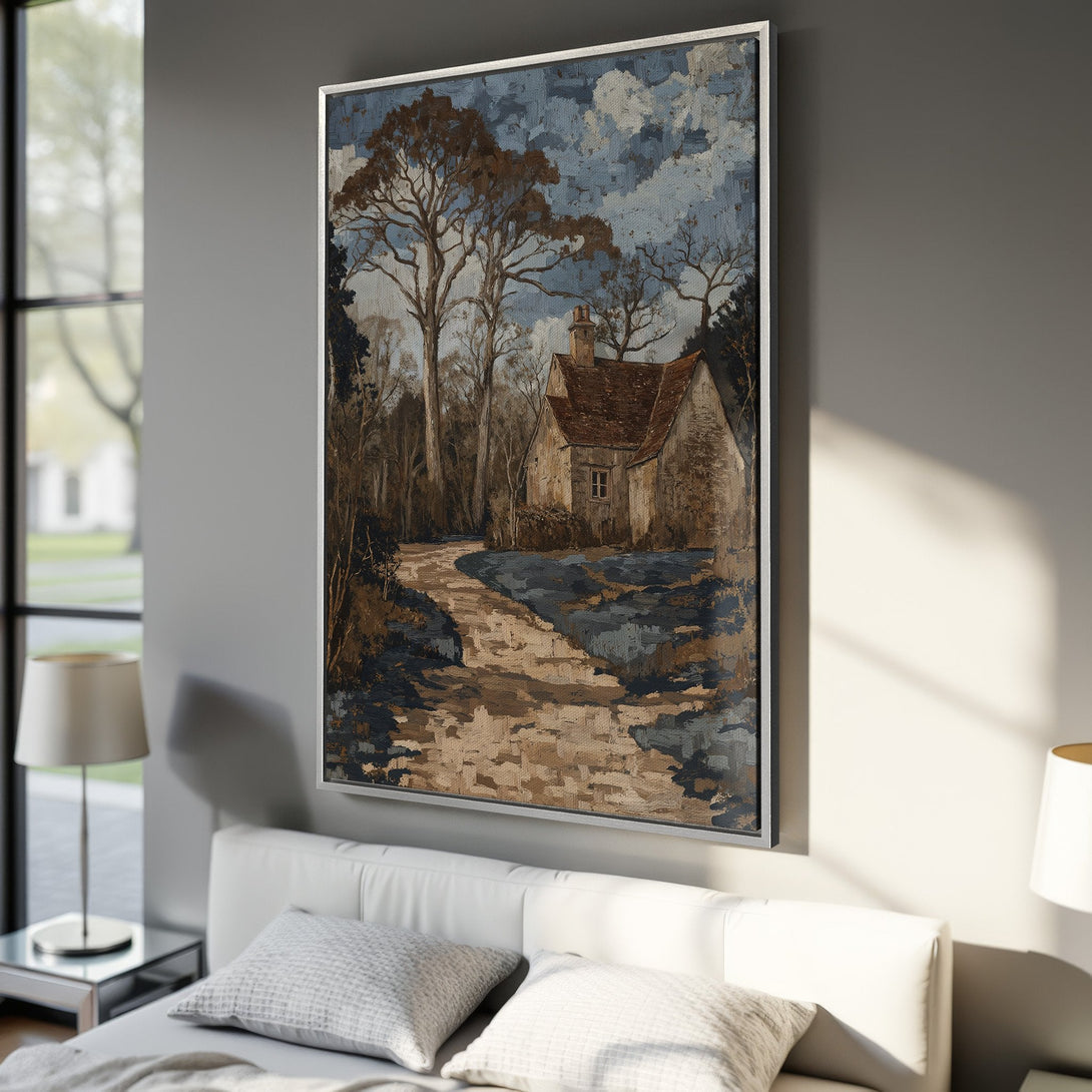 Framed Wall Art: Rustic landscape Canvas Print with a cottage scene in a muted blue, brown, and beige palette. Perfect for adding a touch of elegance to your home.
