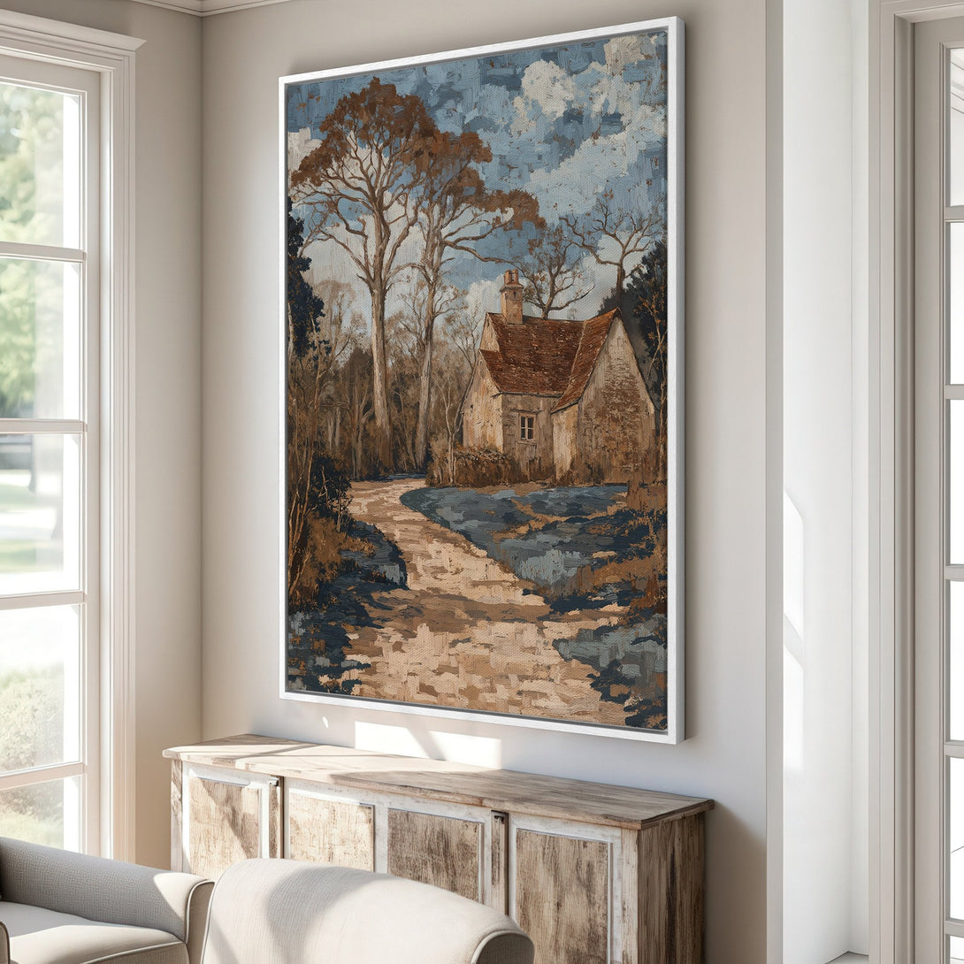 Framed Wall Art featuring a charming cottage scene in impressionistic style with a blue, brown, and beige color palette. Perfect for adding warmth to your home.