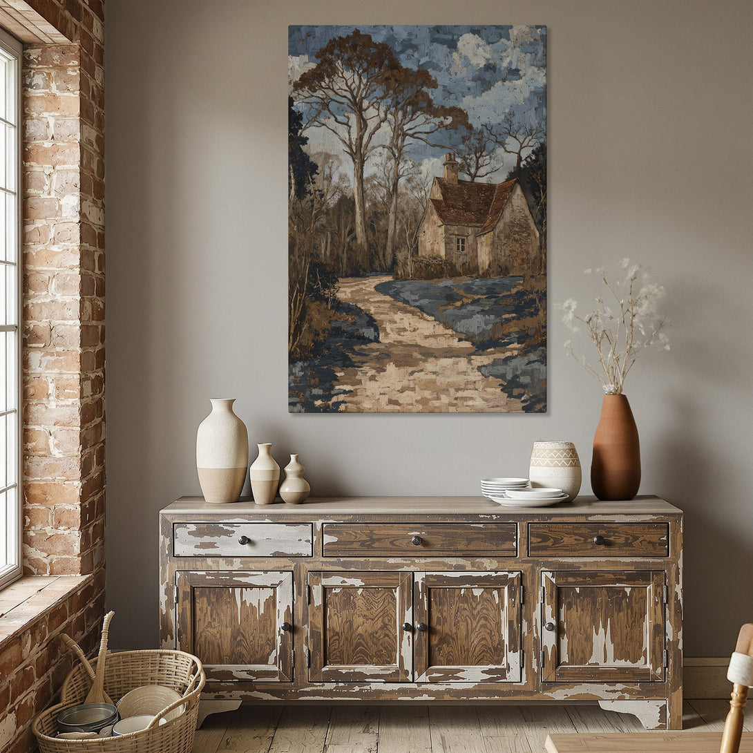 Framed Wall Art of a charming cottage scene in a warm, neutral color palette. Perfect for adding a touch of rustic elegance to your dining room decor.
