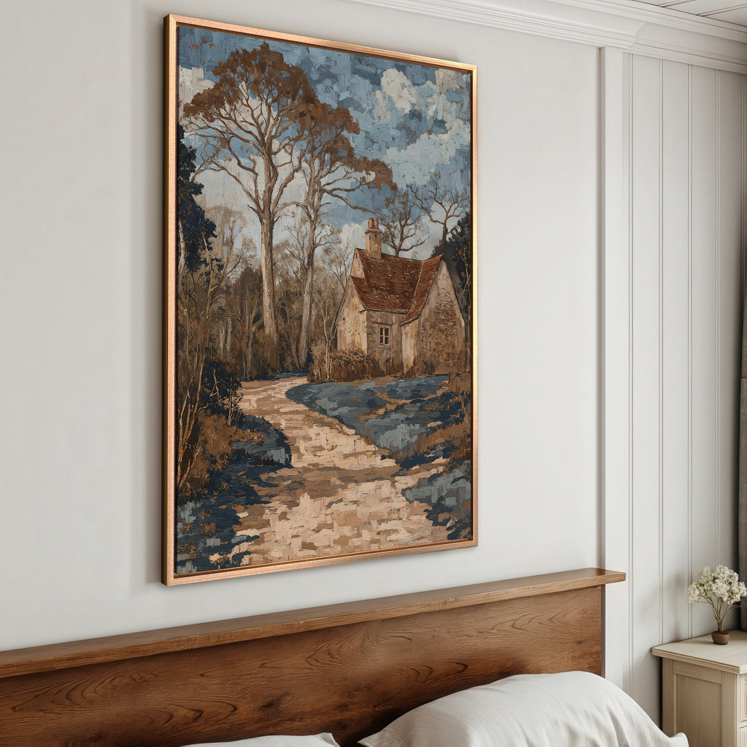 Framed Wall Art: Landscape painting of a cottage and trees in a muted blue, brown, and beige palette. Perfect for adding a touch of rustic charm.