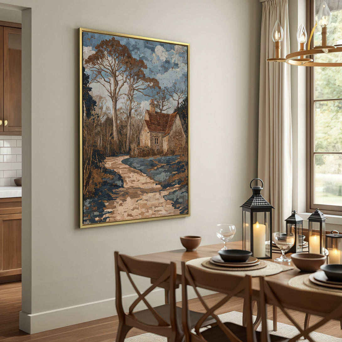 Canvas Print of a rustic landscape painting. Earthy tones of brown, blue, and beige create a warm, inviting aesthetic. Perfect for your home decor!