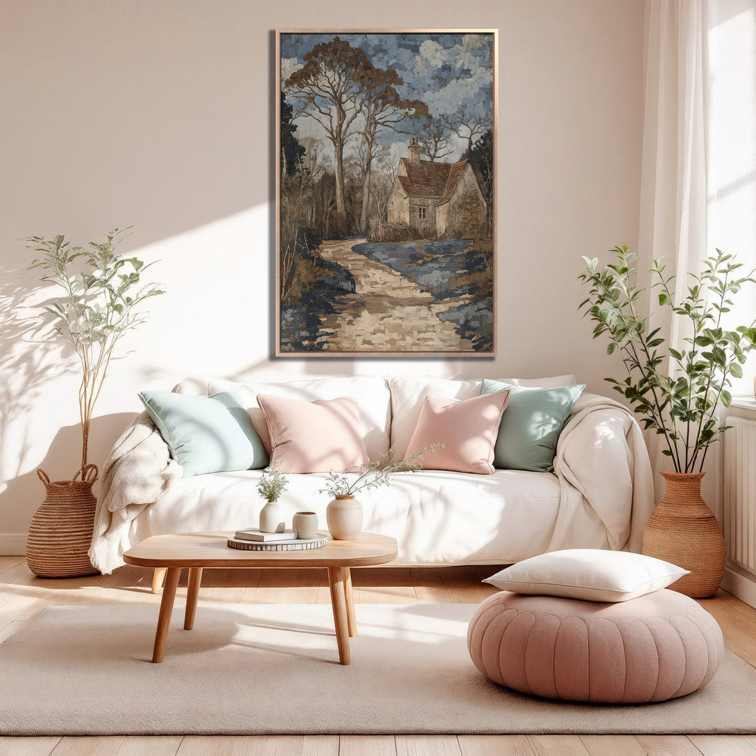 Framed Wall Art: Cottage scene Canvas Print in muted blues & browns. Rustic artwork adds warmth & style to any living room. Shop now for your perfect piece!