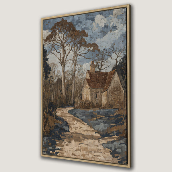 Framed Wall Art: Rustic landscape painting of a cottage and path, warm earth tones and cool blues. Perfect for adding a touch of nature to your home.