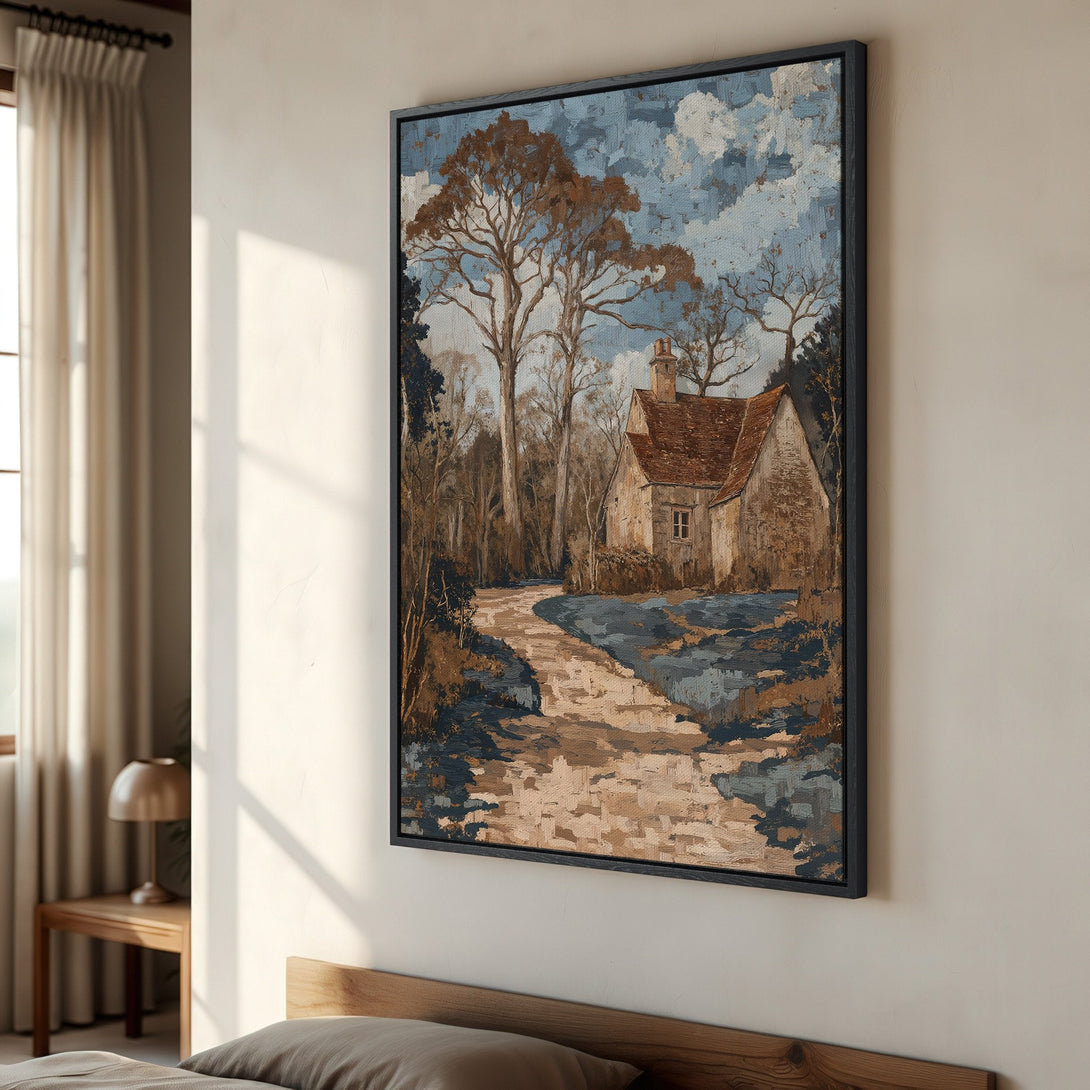 Framed Wall Art: Rustic landscape painting in warm earth tones and cool blues. Perfect for adding a touch of nature and charm to your home decor.