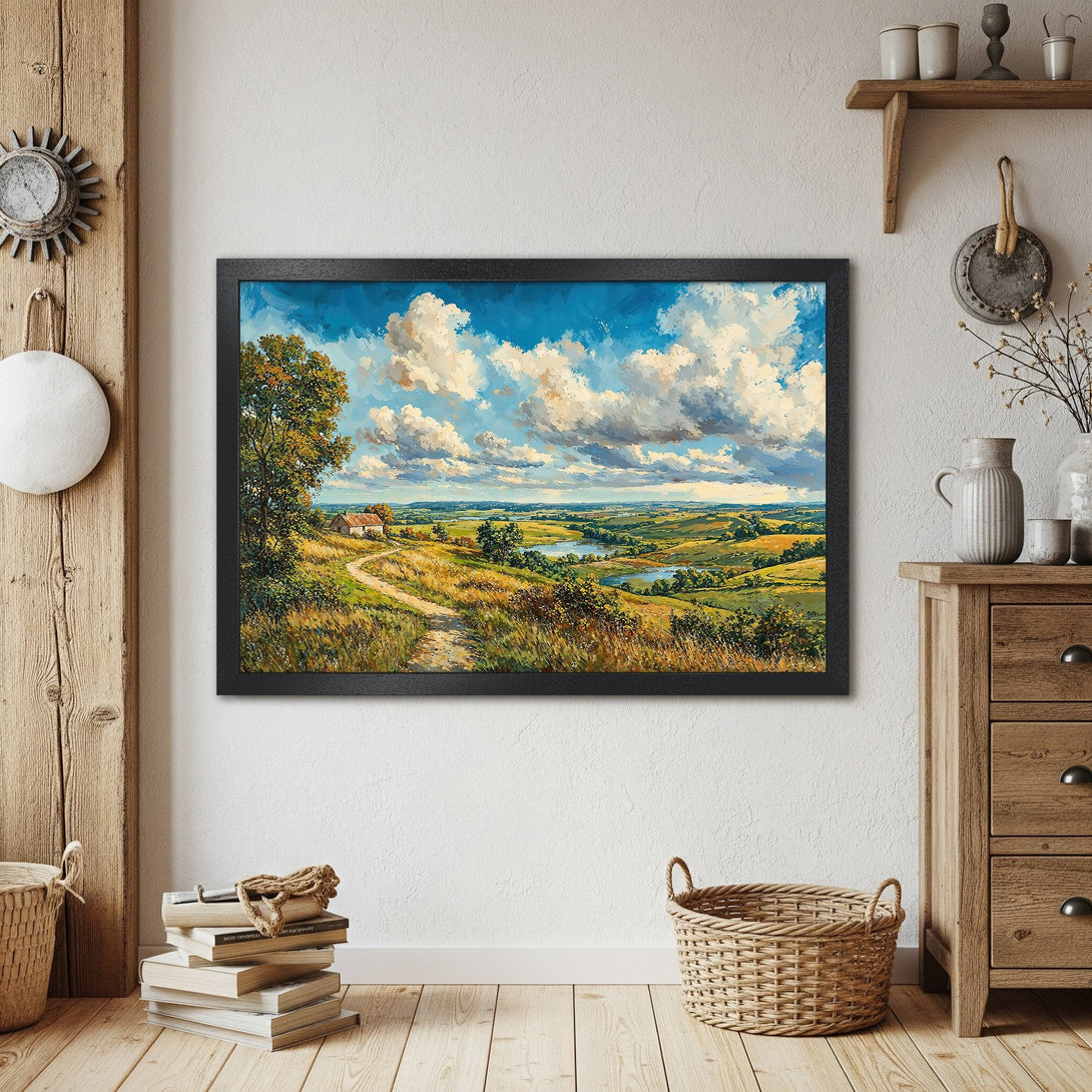Framed Poster of a landscape painting in impressionist style with blue, green, and yellow tones. Add this art to your home!