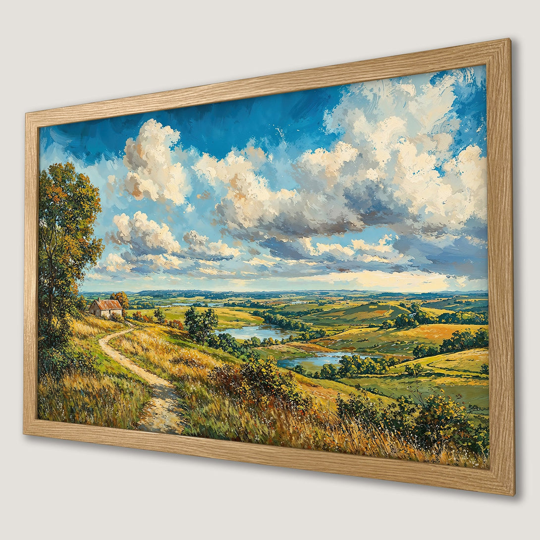 Framed Poster of a serene landscape painting with a blue sky, green fields, and a warm color palette. Perfect wall art!