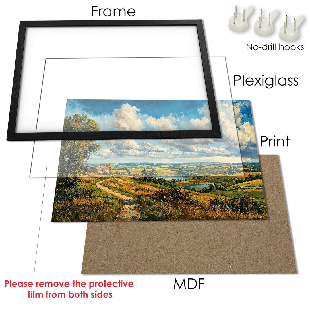 Framed Poster of a scenic landscape painting. Features warm earth tones, blue sky, and a classic artistic style. Ready to hang!