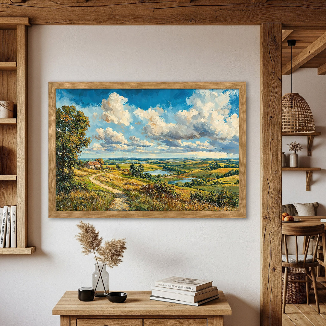 Framed Poster featuring a landscape painting in impressionist style with a blue, green, and yellow color palette. Perfect wall art!