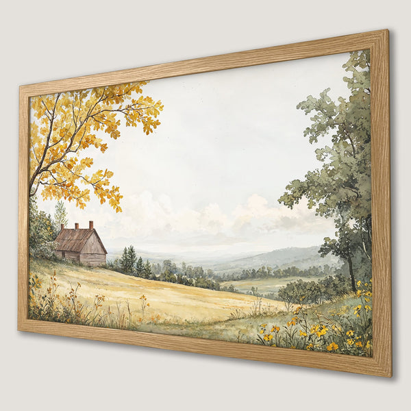 Framed Poster of a serene watercolor landscape with a cabin, featuring a warm yellow and green color palette. Perfect wall art!