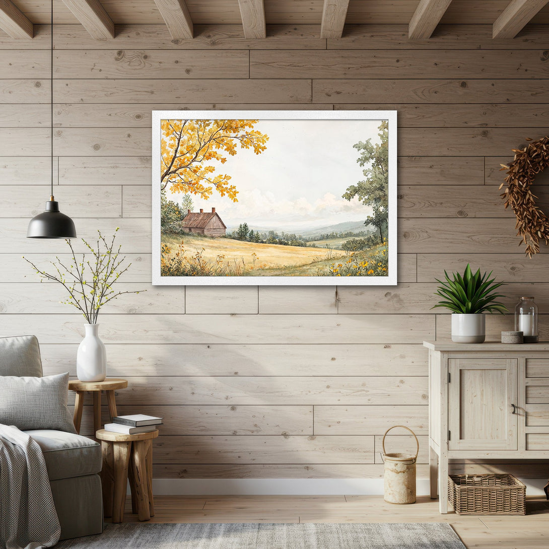 Framed Poster of a serene landscape in watercolor style with a warm, earthy color palette. Perfect for adding a touch of nature to your home.