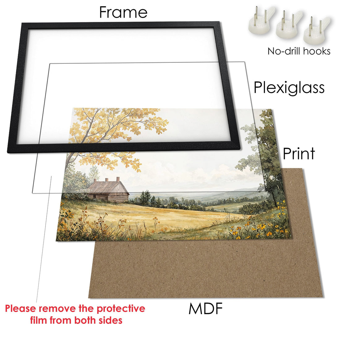 Framed Poster of a serene landscape painting in warm yellow and green tones, perfect wall art for your home.