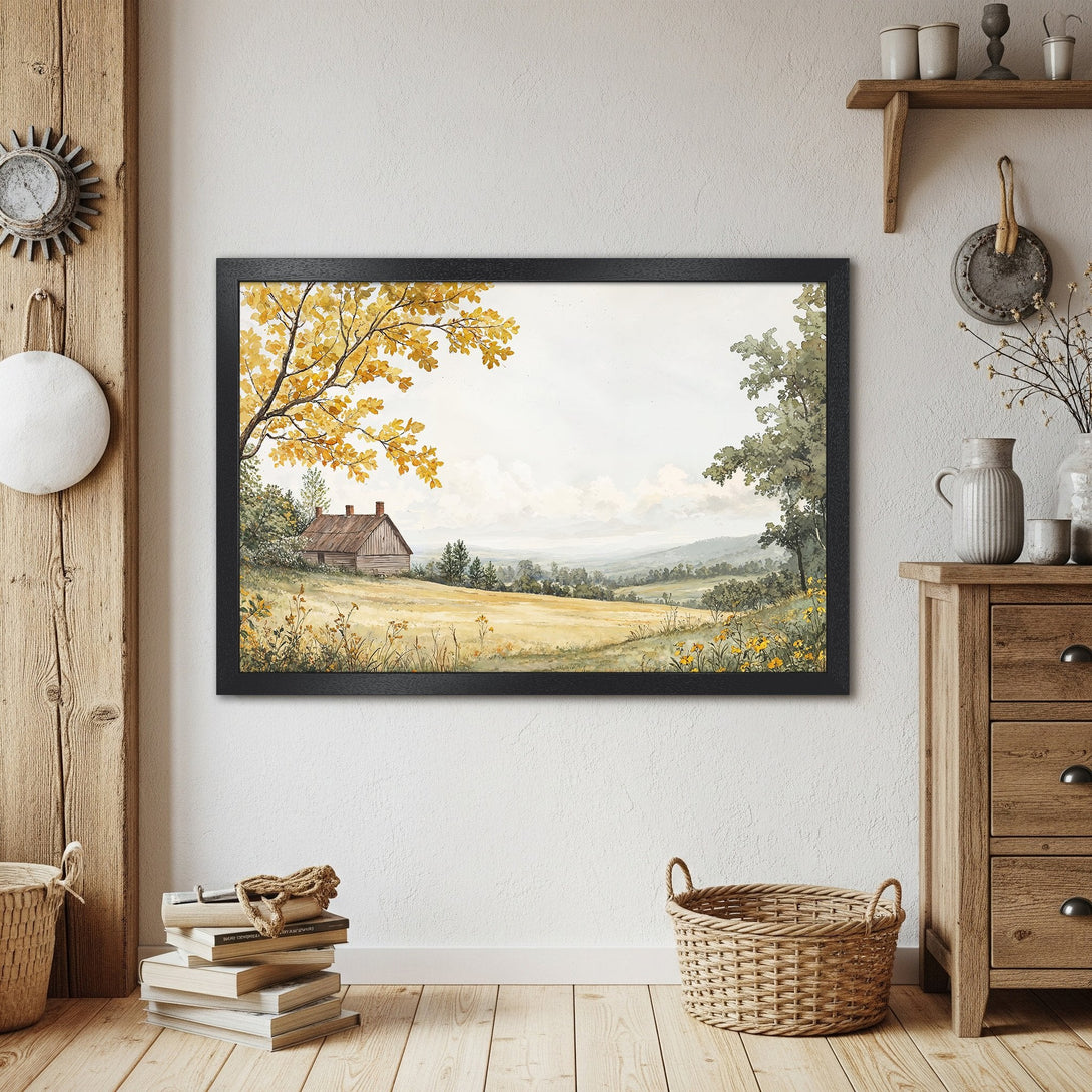 Framed Poster of a rustic watercolor landscape with a barn, yellow leaves, and a neutral color palette. Perfect wall art!