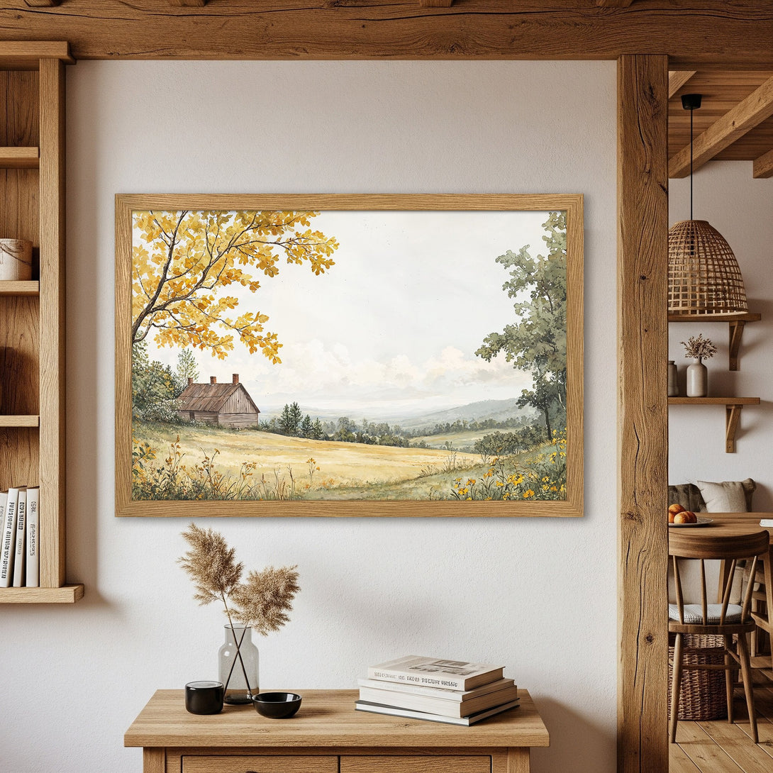 Framed Poster of a serene landscape with a farmhouse. Watercolor style, warm yellow and green color palette, perfect wall art.