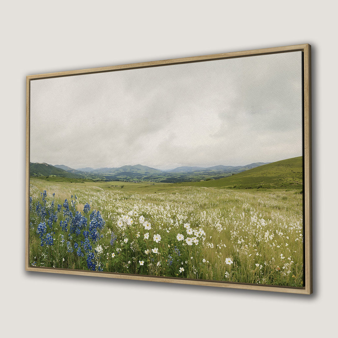 Canvas Print of a serene landscape with wildflowers. Features a natural, neutral color palette with pops of blue and green. Perfect wall art!