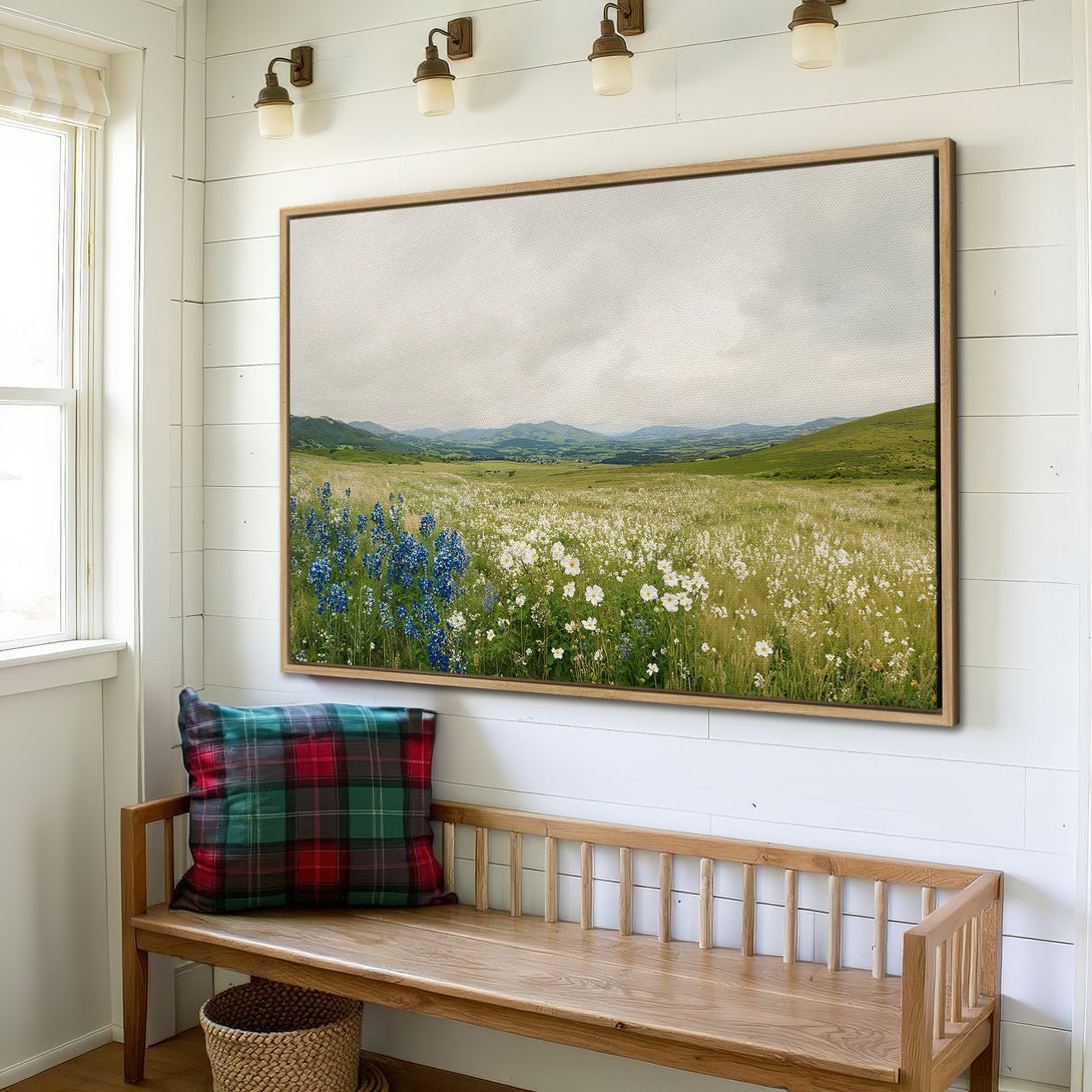 Framed Wall Art: Landscape Canvas Print with wildflowers, green hills, and bluebonnets. Rustic style, neutral and blue color palette. Perfect for home decor.