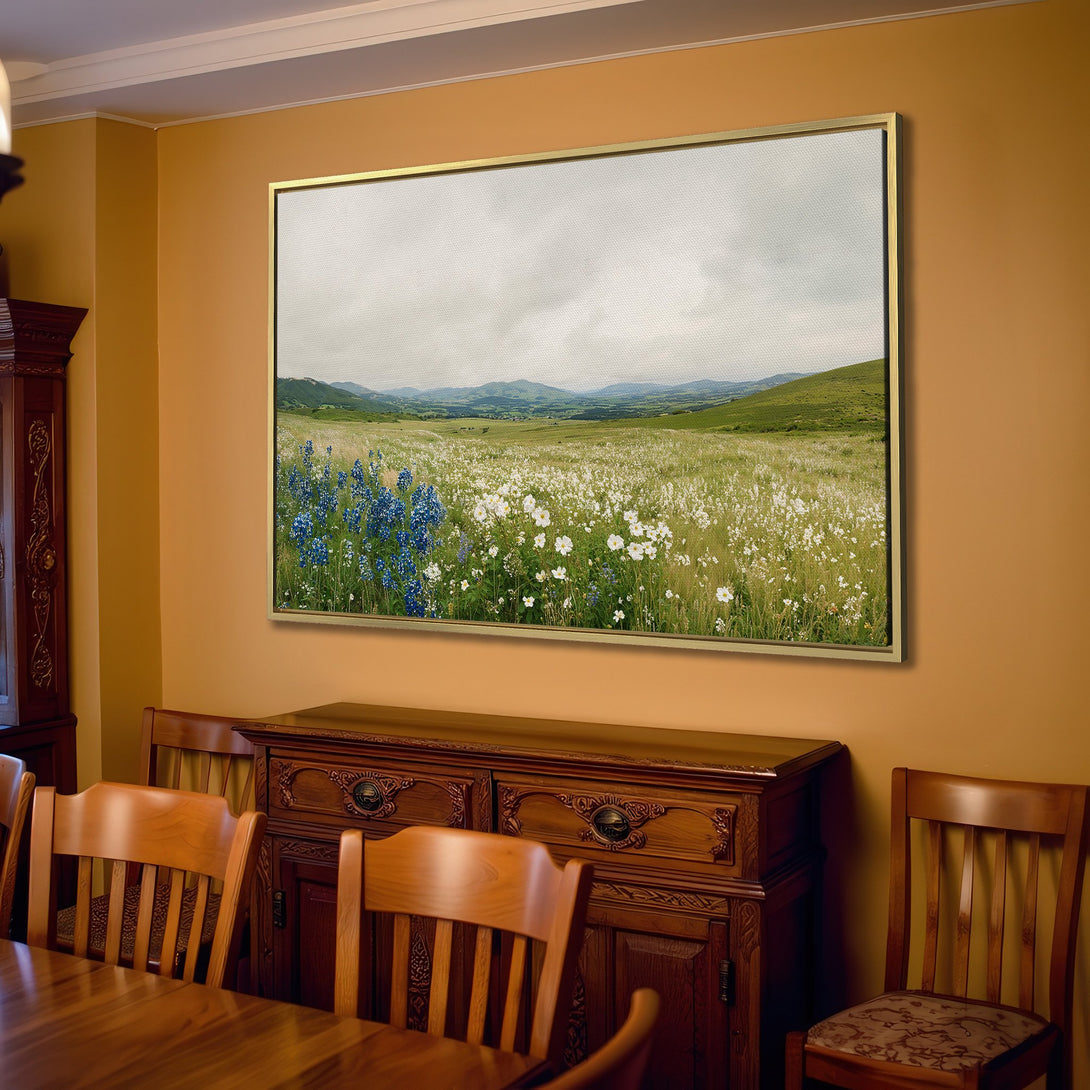 Canvas Print of a serene field of wildflowers in a living room setting. Soft, neutral color palette with pops of blue. Perfect wall art!
