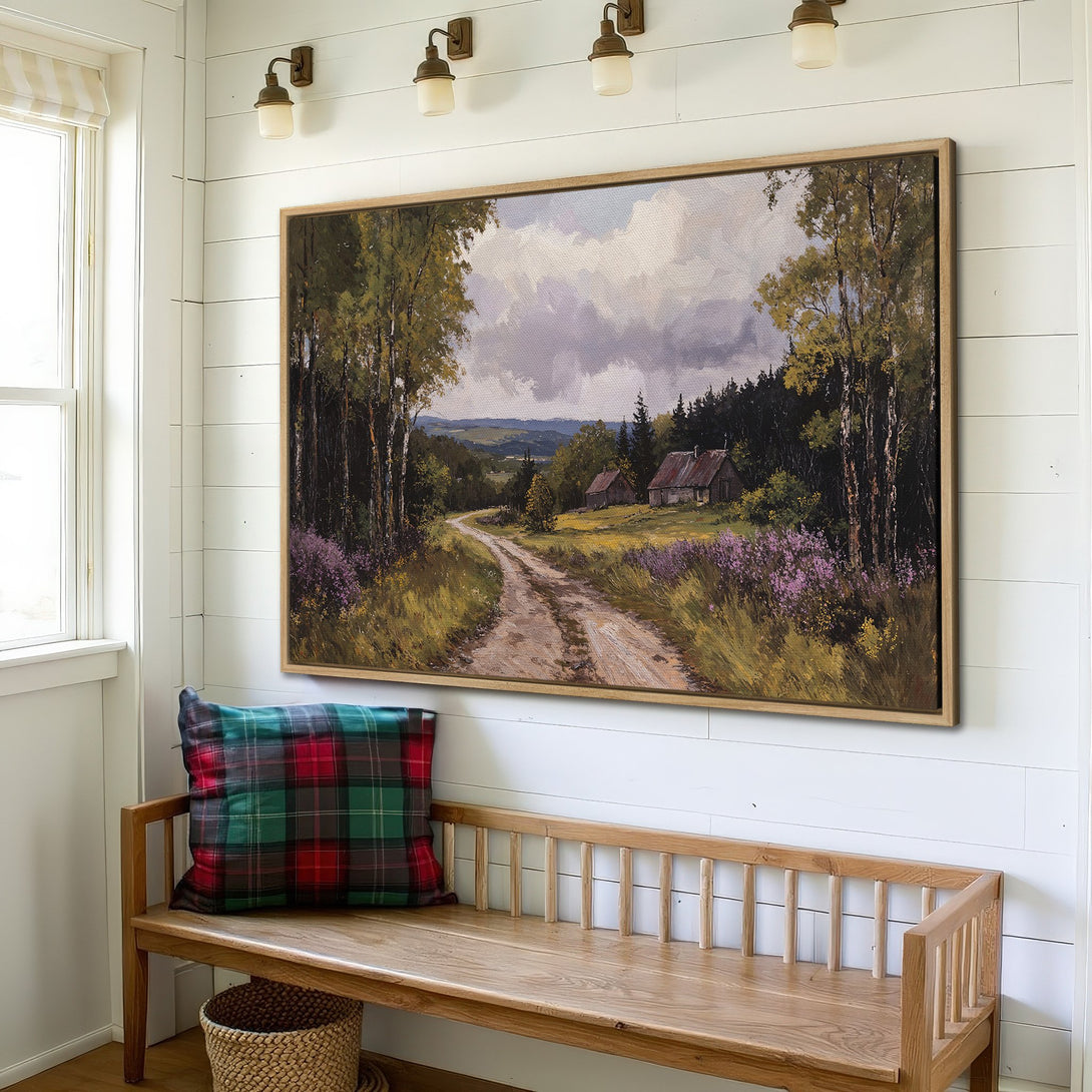 Framed Wall Art: Landscape Canvas Print with a rustic road scene, featuring green, purple, and brown hues. Perfect for adding a touch of nature to your home decor.