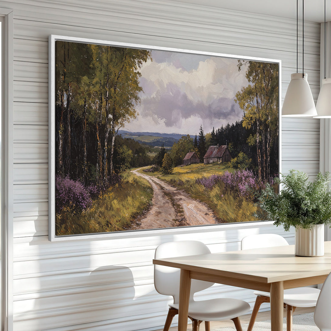 Framed Wall Art: Landscape painting with a path through a forest, featuring a rustic style and a warm, earthy color palette. Perfect home decor!