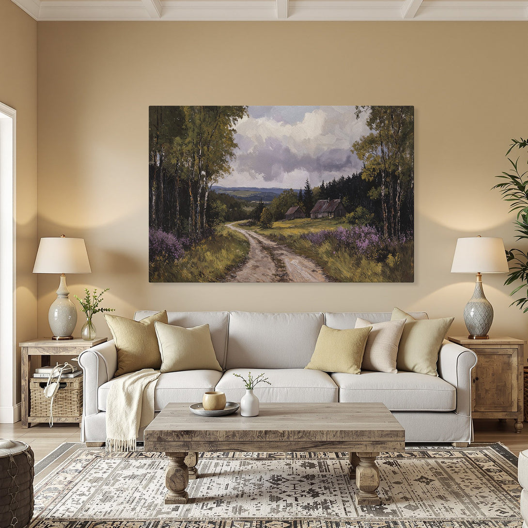 Framed Wall Art: Scenic landscape Canvas Print with a rustic style and a warm color palette, perfect for home decor.