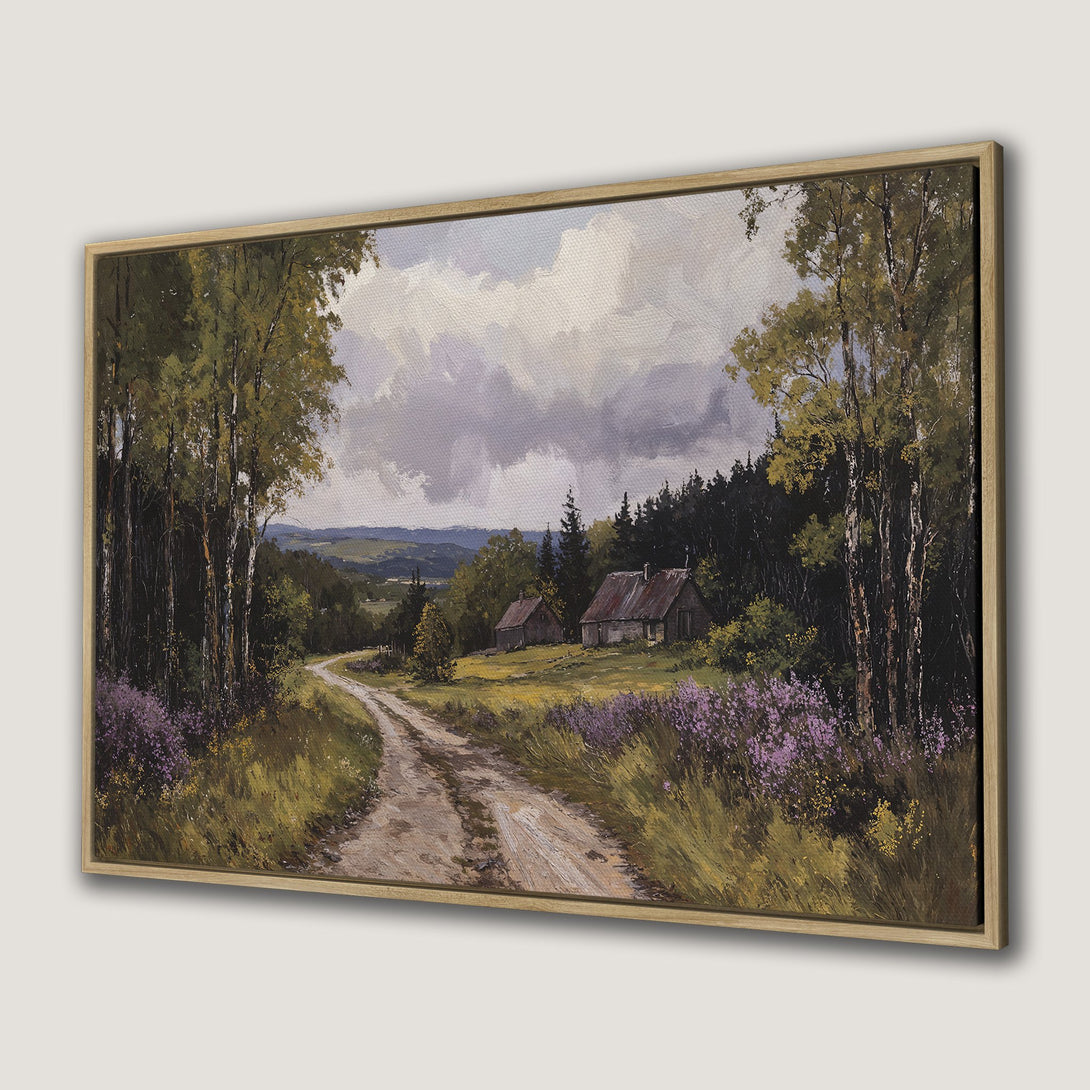 Canvas Print of a serene landscape painting with a dirt road, trees, and cabins. Earthy tones and a vintage style. Framed wall art for your home.