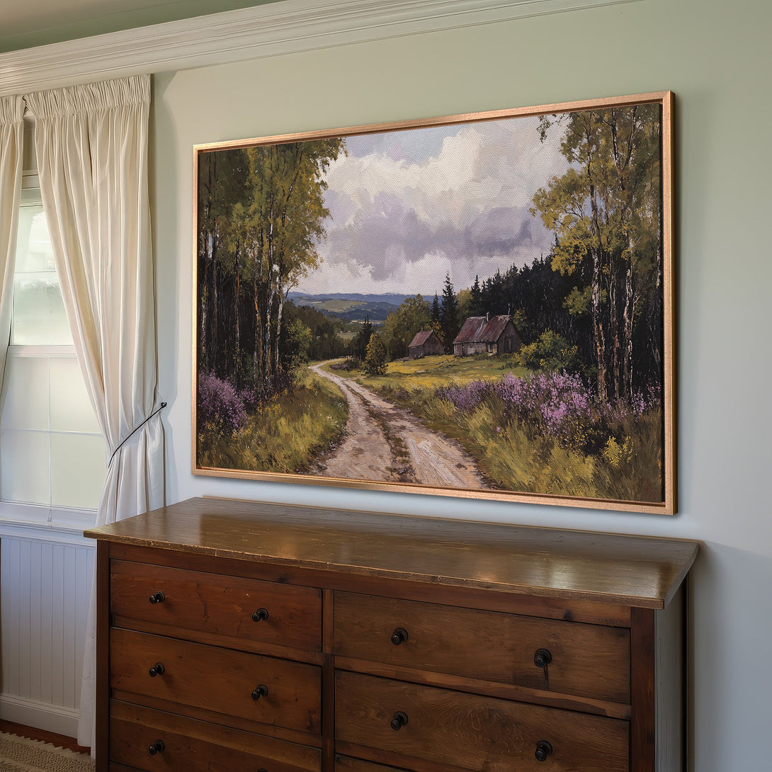 Framed Wall Art: Landscape Canvas Print with a rustic road scene, featuring a natural color palette of greens, browns, and purples. Perfect for home decor.