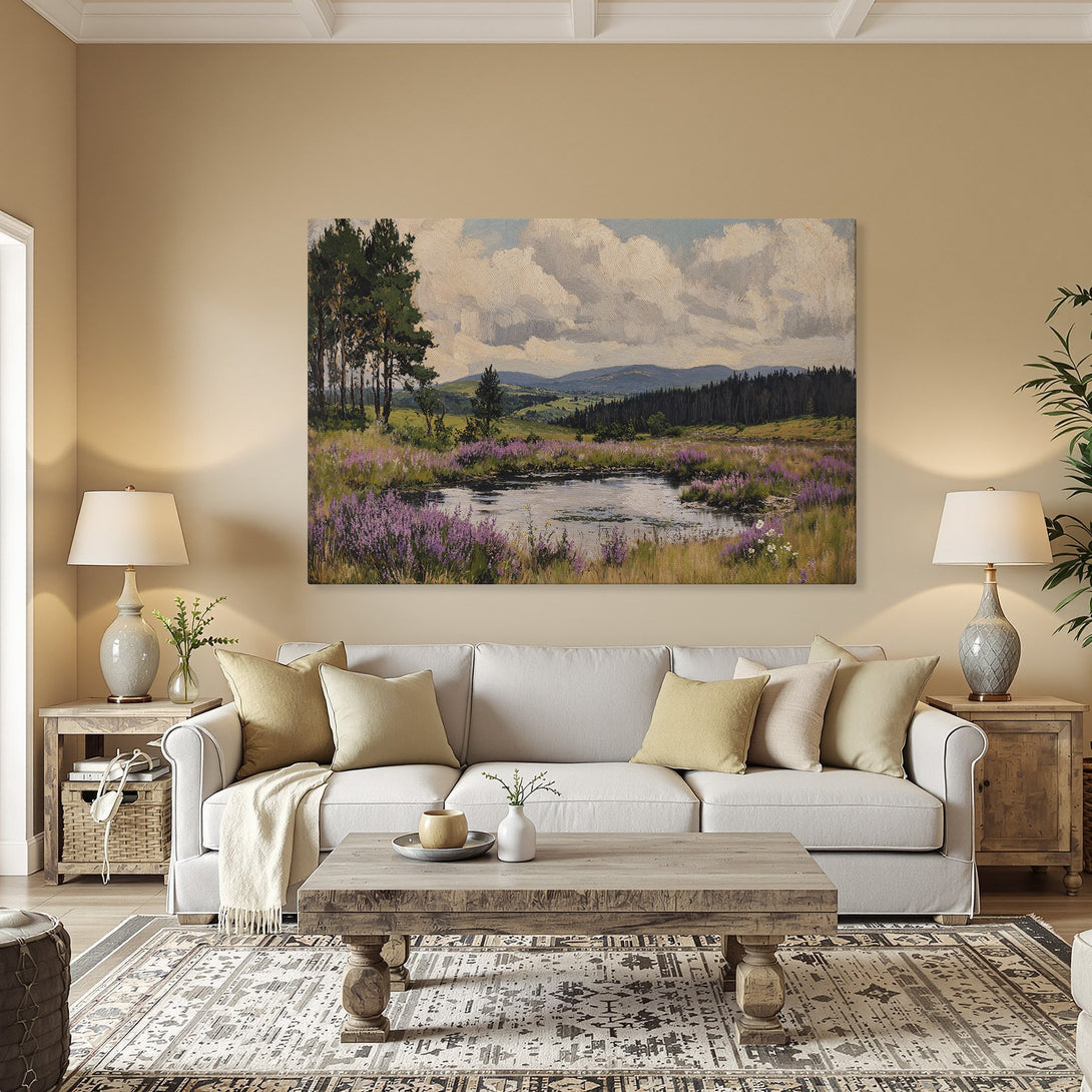 Framed Wall Art: Landscape painting of a pond, trees, and mountains. Earthy tones with pops of purple and green create a serene atmosphere.